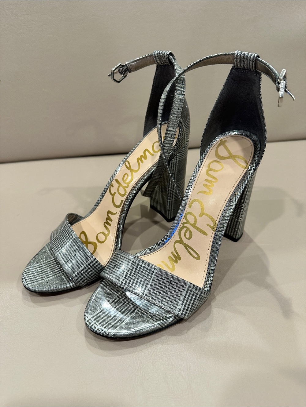 Sam Edelman Gray Plaid Block-Heel Ankle Strap Sandals - Picture 4 of 9